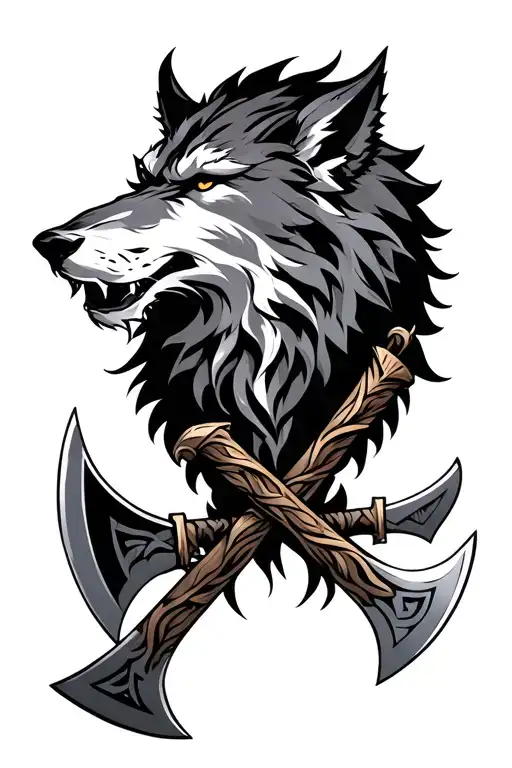Fenrir with nordic axes crossed beneath tattoo design idea