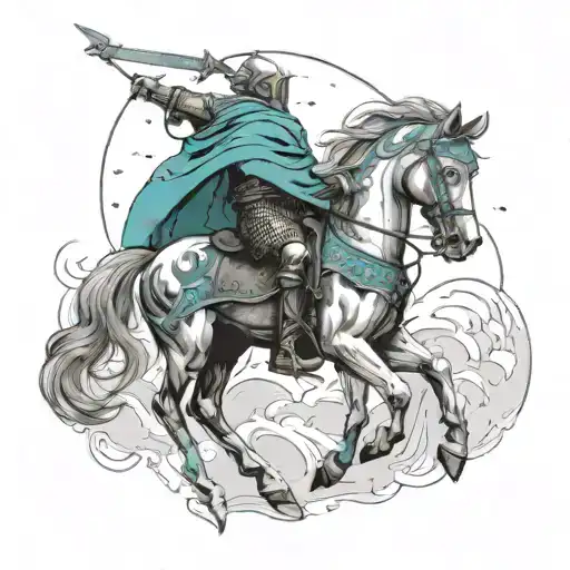 A knight on a horse, battle-weary, turquoise cloak, little demons whispering in his ears tattoo design idea