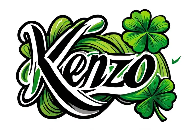 the name kenzo in cursive with a 4 leaf clover next to it in green  tattoo design idea