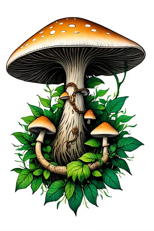 psilocybin mushrooms with ayahuasca vines surrounding tattoo design idea