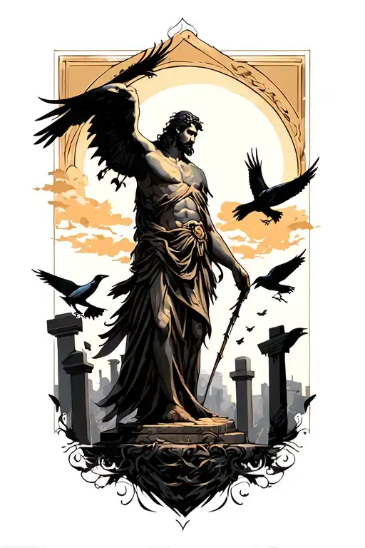 dark greek god erebus over looking a graveyard filled with crows tattoo design idea