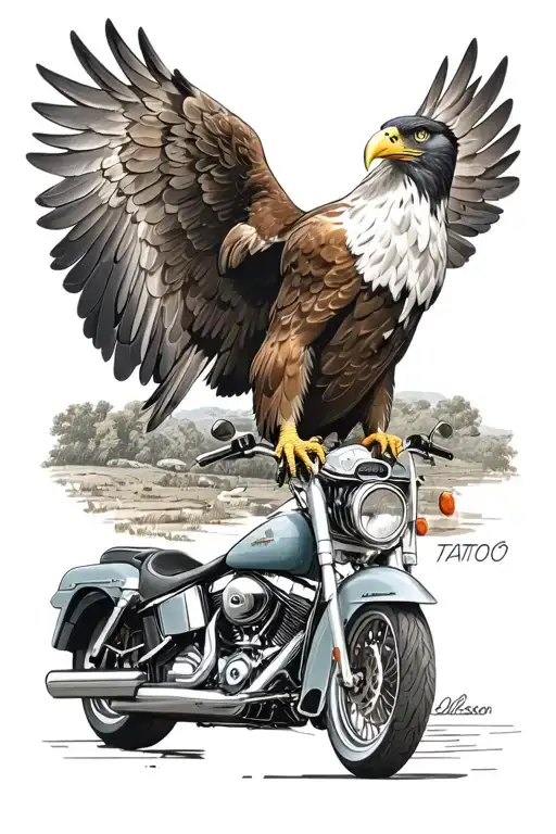 an eagle with open wings standing on the handle bar of a Harley Davidson tattoo design idea
