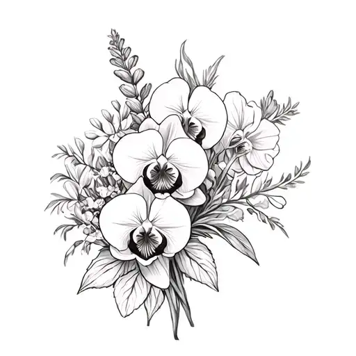 can you create a tattoo bouquet of orchids, ucaliptus, pansies, lupine, rose and daffodil with a tiny thin red bow  tattoo design idea