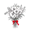 can you create a tattoo bouquet of orchids, ucaliptus, pansies, lupine, rose and daffodil with a tiny thin red bow  tattoo design idea