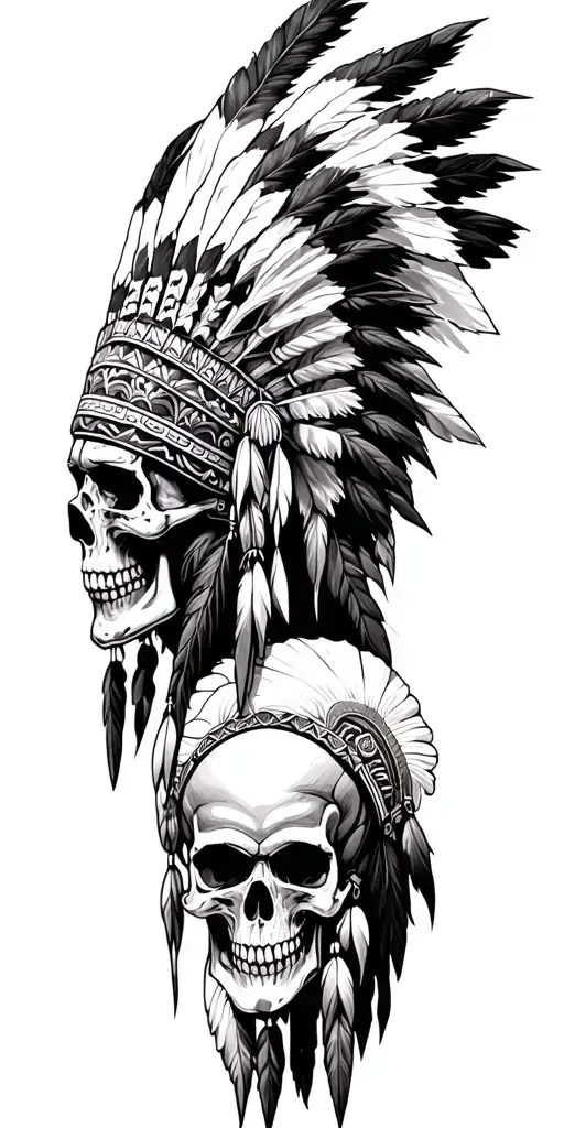 Native American sleeve skulls chief headress facing forward  tattoo design idea