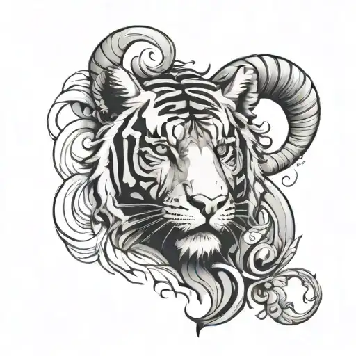 Tiger and Aries ram half face tattoo design idea