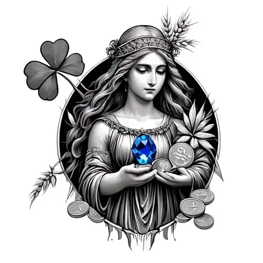 Detailed / Artistic → Virgo maiden holding sapphire and clover, with coins/wheat for prosperity tattoo design idea