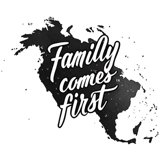 written "family comes first" in French in cursive with the background of a geographical map tattoo design idea