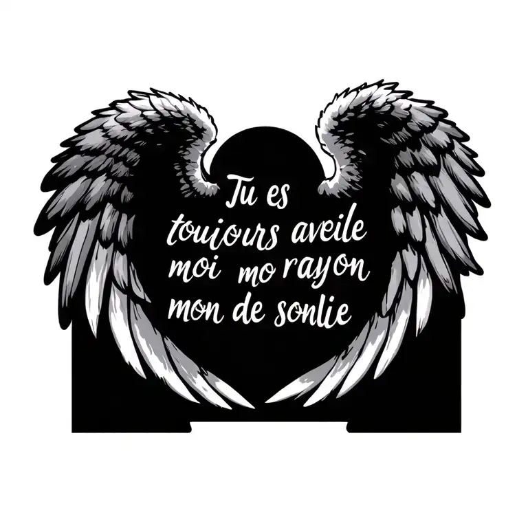 Angel wings with the words Tu es toujours avec moi, mon rayon de soleil inbewteen them. tattoo design idea