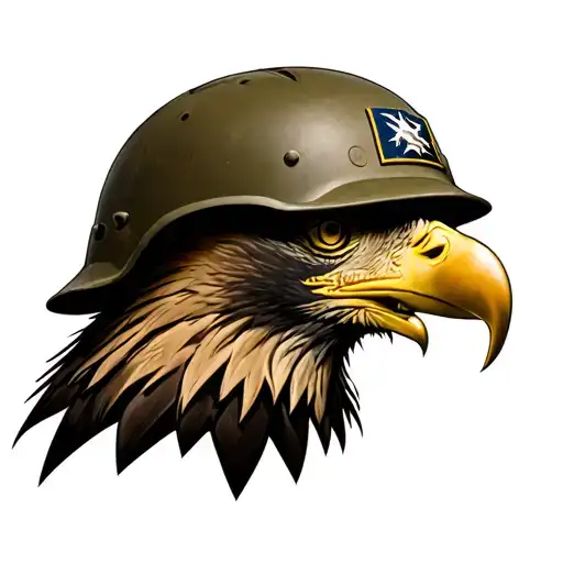 A striking design featuring a US Army Infantry helmet seamlessly merging with the powerful image of a majestic bald eagl tattoo design idea