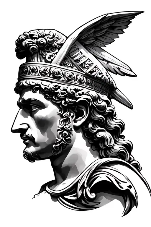 Antiquity, Achilles profile, Greek columns, mythology, scrolls tattoo design idea
