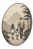 father in the middle holding hands with two small girls walking down the road with forest and cliffs in background tattoo design idea