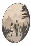 father in the middle holding hands with two small girls walking down the road with forest and cliffs in background tattoo design idea