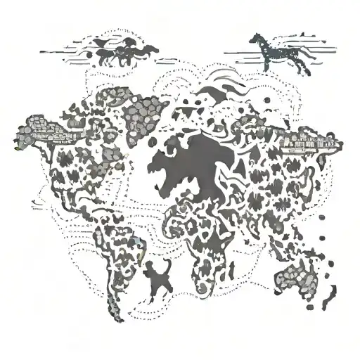 A map outline with various travel destinations marked with paw prints of different dog breeds tattoo design idea