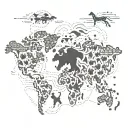 A map outline with various travel destinations marked with paw prints of different dog breeds tattoo design idea