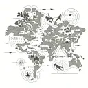 A map outline with various travel destinations marked with paw prints of different dog breeds tattoo design idea