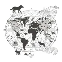A map outline with various travel destinations marked with paw prints of different dog breeds tattoo design idea