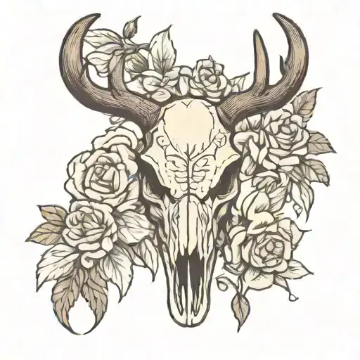 stag skull with flowers tattoo design idea