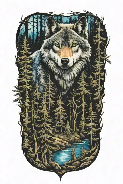 wolf blue eyes howling forest landscape tattoo design idea