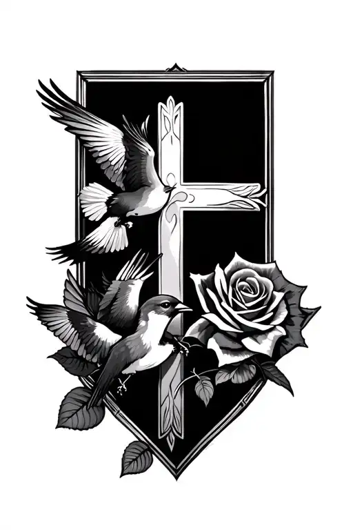 Rosses, little birds soaring, and crosses, detailed tattoo design idea