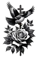 Rosses, little birds soaring, and crosses, detailed tattoo design idea