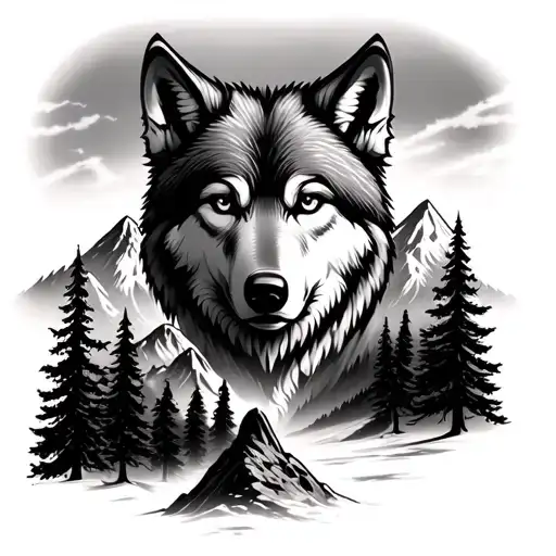 Wolf face on top with mountain scene n trees on bottom black n grey tattoo design idea