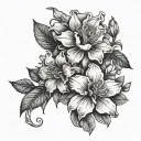 Hyacinth, Physalis Alkekengi, Kalanchoe, Hibiscus Syriacus, Daphne Odora Alba Flowers Around Arm tattoo design idea