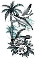 palm trees, sharks, turtles, roses, waves, Hawaii flower, doves tattoo design idea