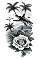 palm trees, sharks, turtles, roses, waves, Hawaii flower, doves tattoo design idea