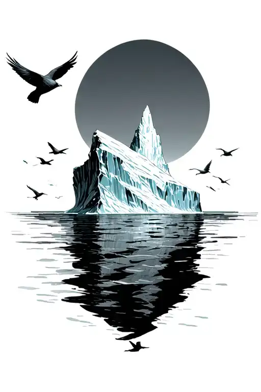 dramatic iceberg full view below water with swallows flying around tattoo design idea