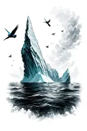 dramatic iceberg full view below water with swallows flying around tattoo design idea