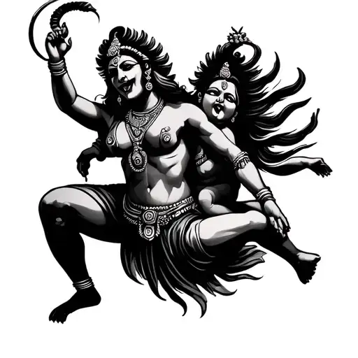 goddess kali dancing on a baby with her tongue out. menacing. clear tattoo design idea