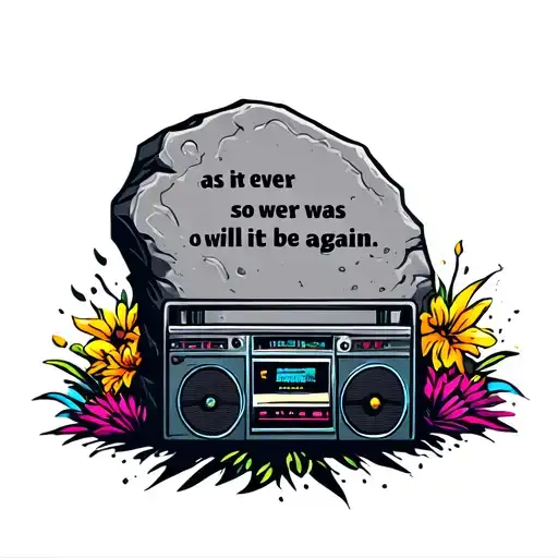 simple rounded grave stone in grey that says “as it ever was so it will be again”, with a bright colorful boombox beside tattoo design idea
