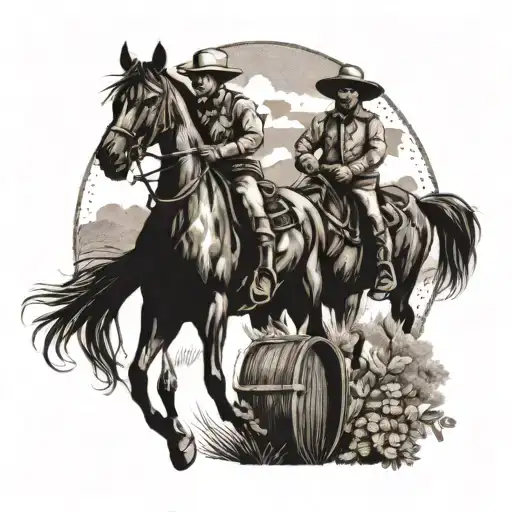 A dotwork tattoo of a traditional Mexican ranch scene, with horses, charros, and mariachis tattoo design idea