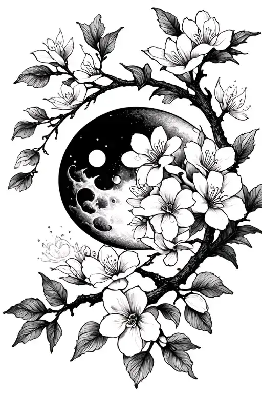 Sun And Moon cherry blossom tattoo design idea