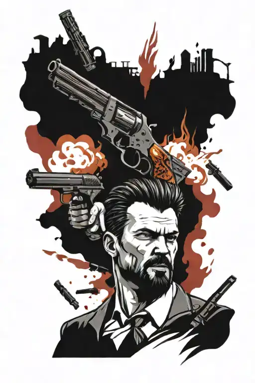 max payne lots of guns ,bullets and blood   tattoo design idea
