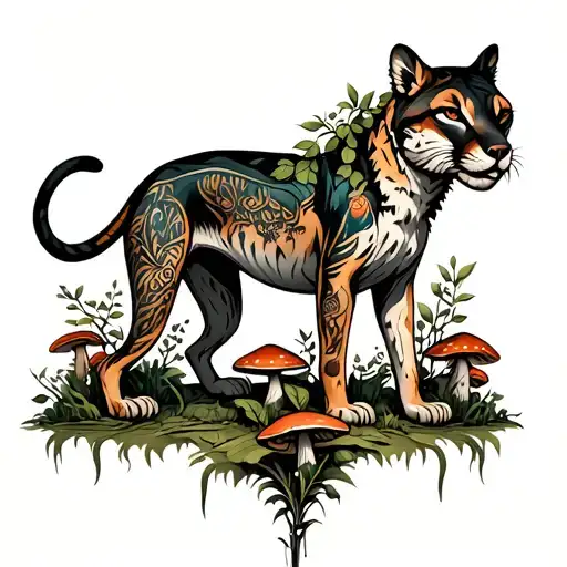 full body thylacine with vines and mushrooms surrounding it tattoo design idea