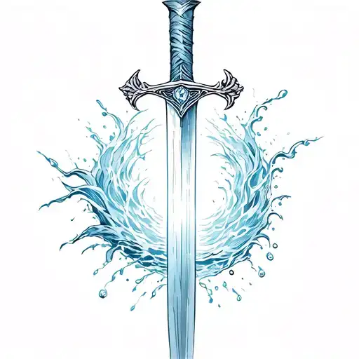 tattoo that combines biblical symbolism with fantasy art vibes, with a sword & water and light motifs tattoo design idea