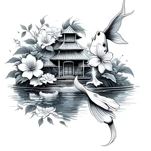 koi fish flowers fountain house tattoo design idea