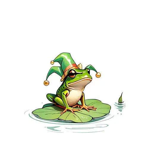 little cool green frog on a lily pad with a fancy jester hat on tattoo design idea