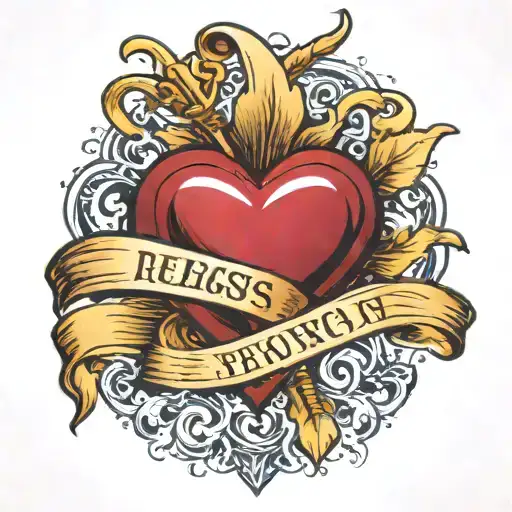 A deep red heart with a golden arrow through it. A flowing banner acroos the heart with the name Reg on it tattoo design idea