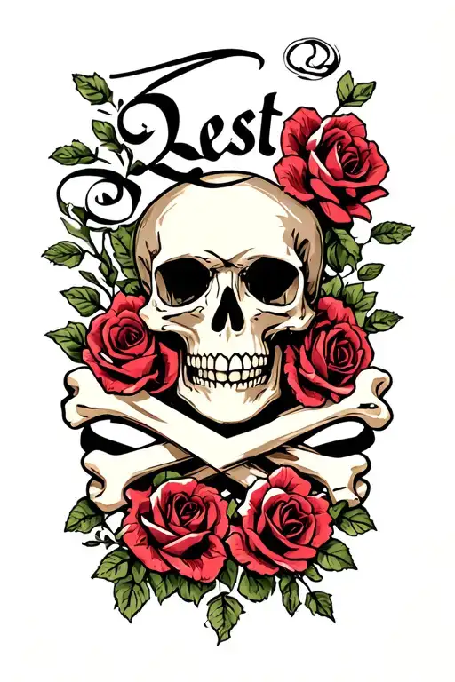 "Rest" Skull with bones and ribbon and roses tattoo design idea