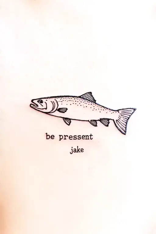 a simple or one line tattoo of a trout as a memory of my brother with the phrase be present or his name jake tattoo design idea