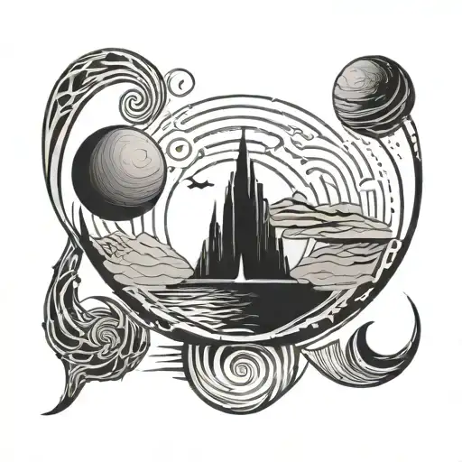 three-part tattoo representing the universe of Dune the book with shai hulud, a dune and the symbol of the atreides tattoo design idea