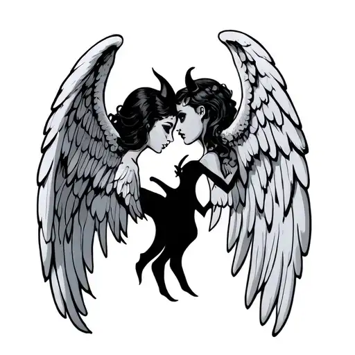 full body separate cartoon angel and devil for behind ear tattoo design idea