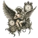 angel and demon with wings and clock surrounded tattoo design idea