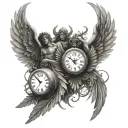 angel and demon with wings and clock surrounded tattoo design idea