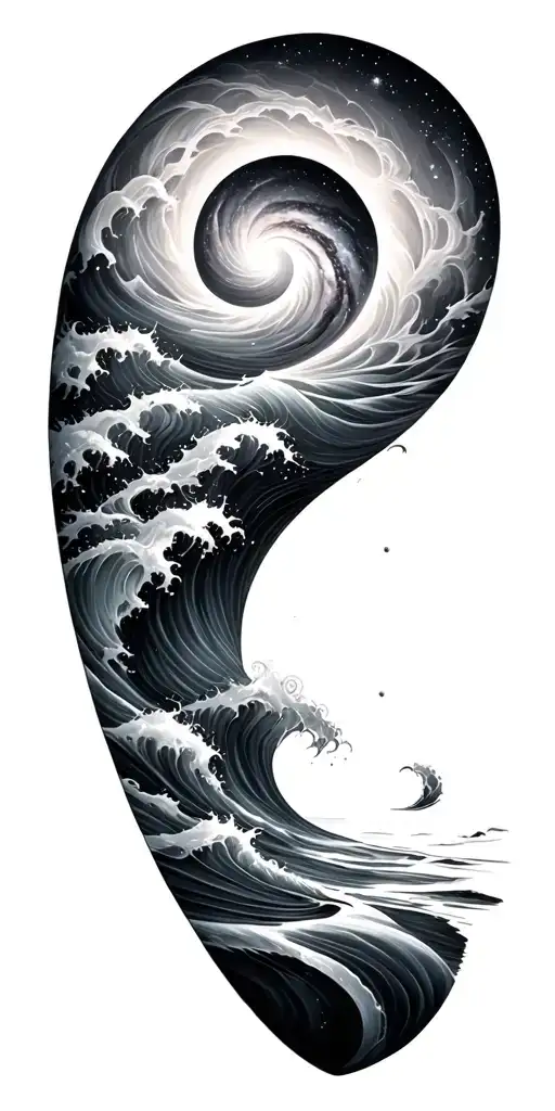 Black and grey sleeve: spiral galaxy above ocean waves, smooth transition, elegant and dark realism. tattoo design idea