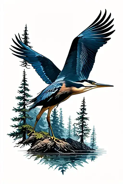 longleaf pine trees and blue heron bird flying in piedmont  back tattoo tattoo design idea