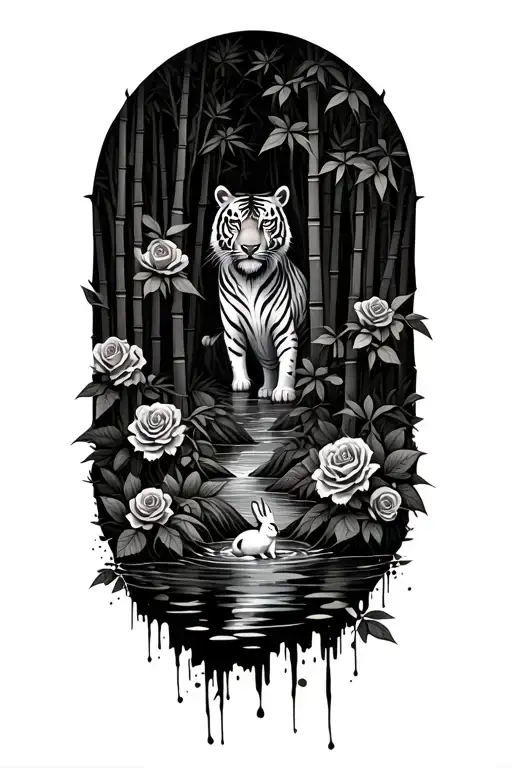 Forest of bamboo full of roses. Stream of water in the middle with a tiger and rabbit. Trash polka with paint brush  tattoo design idea